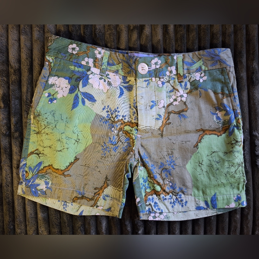 NEW Seaplane Stretch Blue Green Cherry Blossom Shorts XS